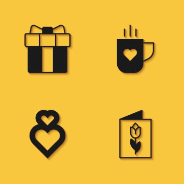 Hediye kutusu ve kalbi, 8 Mart 'lı tebrik kartı, uzun gölgeli Heart and Coffee Cup ikonu. Vektör