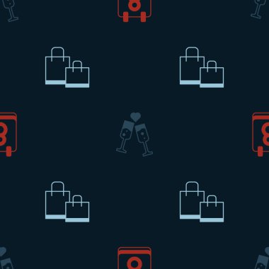 Takvimi 8 Mart 'a ayarla, bir kadeh şampanya ve kağıt poşet. Vektör