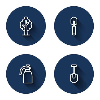 Hat Ağacı, bahçe küreği ya da kürek, su için sprey ve uzun gölgeli kürek. Mavi daire düğmesi. Vektör