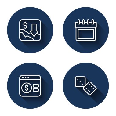 Satır Finansal büyüme azalması, Takvim, Online poker masası oyunu ve uzun gölgeli oyun zarlarını ayarla. Mavi daire düğmesi. Vektör