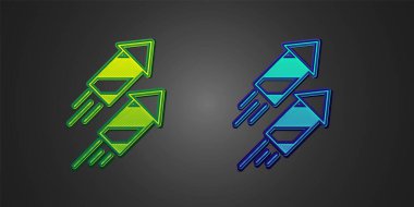Green and blue Firework rocket icon isolated on black background. Concept of fun party. Explosive pyrotechnic symbol.  Vector