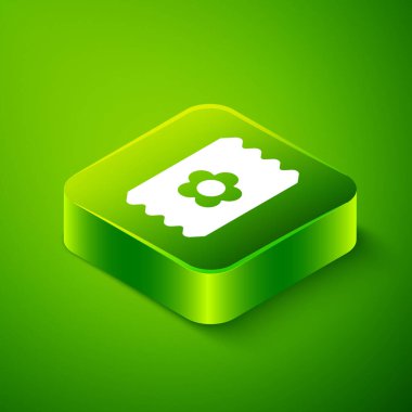 Isometric Pack full of seeds of a specific plant icon isolated on green background. Green square button. Vector