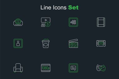 Satır Komedi ve Trajedi Maskeleri, Altyazılı Video, Full HD 1080p, Sinema koltuğu, VHS video kaset, Film klapası, Popcorn karton kutu ve Play simgesi. Vektör
