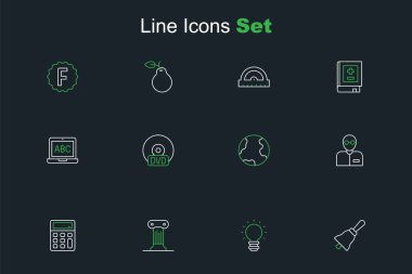 Satır zil, yaratıcı lamba ışığı fikri, Hukuk sütunu, hesap makinesi, öğretmen, dünya küresi, CD DVD ve dizüstü bilgisayar simgesi. Vektör