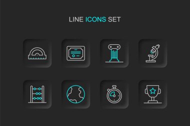 Ödül kupası, Kronometre, Yerküre küresi, Abaküs, Mikroskop, Hukuk sütunu, Sertifika şablonu ve İkonat ızgarası simgesini ayarla. Vektör