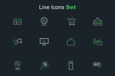 Satın alma düğmesi, kadın elbisesi, yüzde ile büyüteç, konum, makas indirim kuponu, cüzdan, alışveriş arabası monitörü ve karton kutu ikonu. Vektör