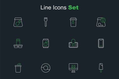 Çevrimiçi dondurma, yemek siparişi, çörek, su ile kağıt bardak, yiyecek arabası, soda kutusu ve kahve fincanı. Vektör