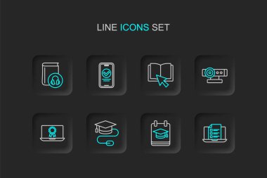 Online Quiz, Test, Anket, Eğitim, Fare, Diploma, Web kamerası, Kitap ve Ses simgesi ile Mezuniyet Başlığı. Vektör