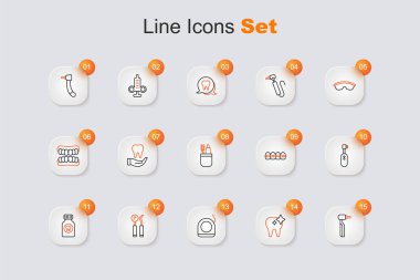 Diş matkabı, beyazlatma, diş ipi, ayna ve sonda, diş ağrısı kesici tablet, elektrikli diş fırçası diş teli ve diş fırçası ikonu. Vektör
