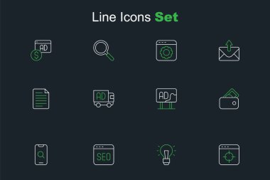 Satır Hedefi: Finansal hedef belirleme, ampul, SEO optimizasyonu, büyüteç ve mobil, Cüzdan Para, Reklamcılık, kamyonet ve Dosya belge simgesi. Vektör