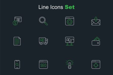 Satır Hedefi: Finansal hedef belirleme, ampul, SEO optimizasyonu, büyüteç ve mobil, Cüzdan Para, Reklamcılık, kamyonet ve Dosya belge simgesi. Vektör