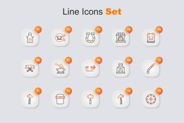 Yuvarlak kalkan, çekiç, balyoz, kaynak maskesi, meşale, demirci fırını, klemp ve vida alet simgesini ayarlayın. Vektör