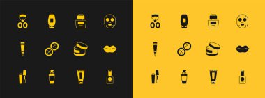 Yüz maskesi, el kremi, krem veya losyon tüpü, aynalı makyaj tozu, parfüm, kirpik bigudi ve şişe şampuan ikonu. Vektör