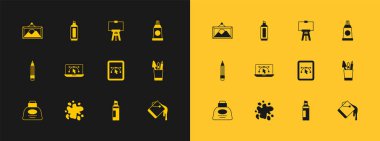 Boya paleti, boya spreyi, bilgisayar tasarım programı, işaret kalemi, tahta sehpası, resim manzarası ve ikonu olan bir tüp hazırla. Vektör