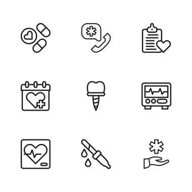 Pipette hattını ayarla, kardiyogramlı monitör, Cross hastanesi sağlık, diş implantı, hasta kaydı, ilaç tableti, acil yardım çağrısı 911 ve doktor randevu ikonu. Vektör