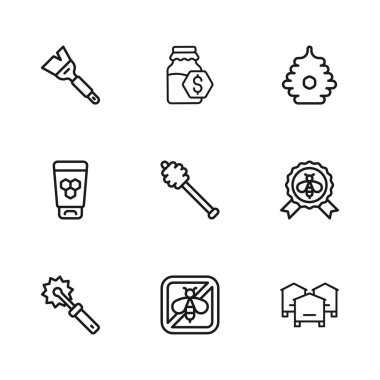 Line Stop Bee, Best, Cove for bees, Bal Kovanı çubuğu, Arıcılık fırçası, Satış kavanozu bal ve ikonlu Kozmetik tüpü. Vektör