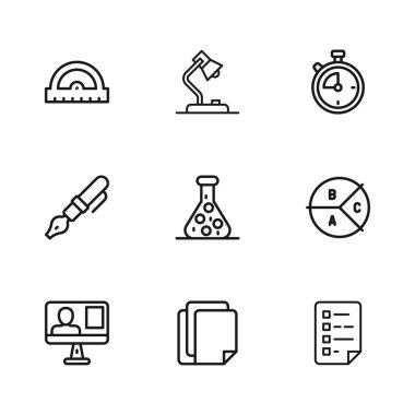 Satır Dosyası belgesini, Pie grafik bilgisini, kontrol listeli panoyu, test tüpünü, Stopwatch, Protractor ızgarasını, masa lambasını ve Dolma kalem ucu simgesini ayarla. Vektör