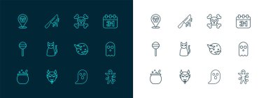 Cadılar Bayramı 'nın 31 Ekim' i, Şeytan kafası, Ay ve yıldızlar Hayalet, Kara Kedi, Kafatası çapraz kemikleri ve Kanlı Bıçak ikonu. Vektör