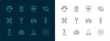 Sabit çizgi Ay ve yıldızlar, Balkabağı, Kale, Cadı şapkası, Lolipop, Kafatası, Frankenstein yüzü ve komik korkunç hayalet maskesi ikonu. Vektör