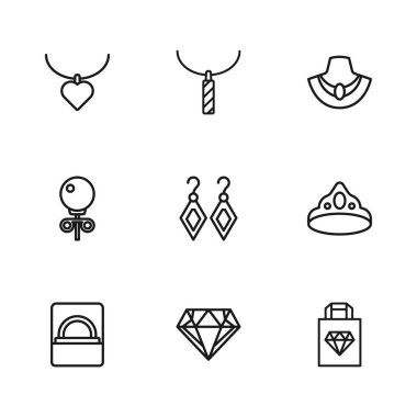 Sıralı elmas, King Crown, alışveriş çantası mücevherleri, küpeler, kolye mankeni, kalp şeklinde, kolye kolye ve küpe ikonu. Vektör