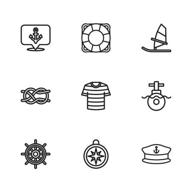 Pusula, Denizaltı, Kaptan şapkası, Çizgili denizci tişörtü, Windsurfing, Anchor, Lifebuoy ve Denizcilik halat düğümleri ikonu. Vektör