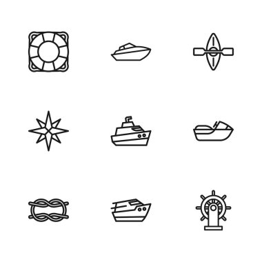 Hız teknesi, jet ski, direksiyon simidi, kano ve kürek, Lifebuoy ve rüzgar gül ikonu. Vektör