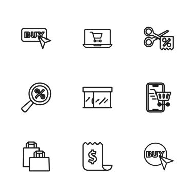 Satır kağıdını ve mali çekini ayarla, alışveriş arabalı cep telefonu, satın alma düğmesi, market, makas indirim kuponu, alışveriş ekranı laptopu ve büyüteç yüzde ikonu. Vektör