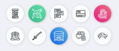 Hat Bulut veritabanı, Mekanik robot el, Bilgisayar görüşü, İnsansı, Kredi kartı, Konuşma balonu sohbeti, Fantastik uçuş ve Katana simgesi. Vektör