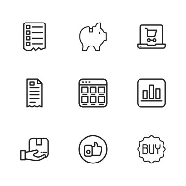 Satır El 'i şöyle ayarla, Pasta grafiği bilgisi, Satın alma düğmesi, Çevrimiçi alışveriş ekranı, Alışveriş arabası dizüstü bilgisayarı, liste, Piggy Bank ve Finansal çek simgesi. Vektör