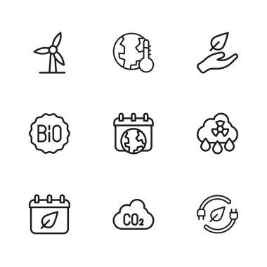 Bulutlardaki CO2 emisyonlarını, asit yağmurunu, elektrik prizi yaprağını, Dünya Günü 'nü, Yaprak El' i, Rüzgar türbini, küresel ısınmaya erimeyi ve biyolojik ikon için Banner 'ı ayarlayın. Vektör