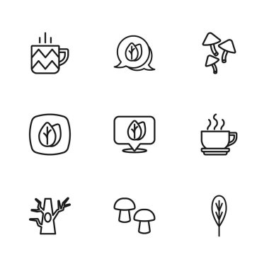 Sıra mantar, kahve fincanı, yapraklı konum, fincan çayı ve ikon. Vektör