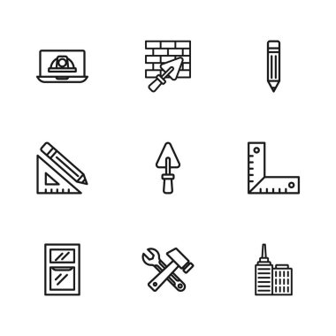 Hat çekiç ve anahtar anahtarı, köşe cetvel, şehir manzarası, silgiyle kalem, işçi kaskı, tuğla duvar malası ve üçgen kalem ikonu. Vektör
