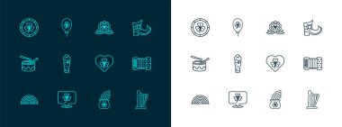 Cüce çizme, yaban eldiveni yaprağı, yoncalı kalp, altın gökkuşağı, cam bira, madalya, altın leprikon para ve balon ikonu. Vektör