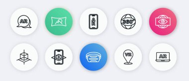 Sanal gerçeklik gözlükleri, elektronik gözler, 3D modelleme, 360 derecelik görüş, Artırılmış AR ve ikon. Vektör