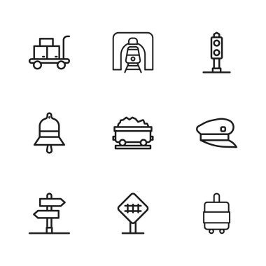 Tren yolu geçişi, tren şoförü şapkası, bavul, kömür treni vagonu, trafik ışığı, tramvay valizi, tren yolu tüneli ve istasyon ikonu. Vektör