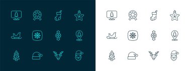 Noel yıldızı, Noel Baba şapkası, Şeker, Ren Geyiği, Kar Tanesi, Çorap, Ağaç ve Çelenk ikonu. Vektör