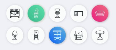Mobilya sehpası, kanepe, Kol koltuğu, ofis masası, yuvarlak masa ve sandalye ikonu. Vektör