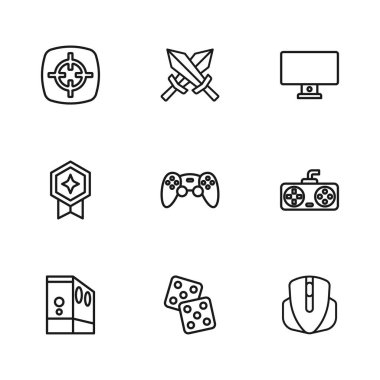 Satır oyun zarları, kumanda veya joystick, Bilgisayar faresi, monitör, hedef spor, oyun için kılıç ve madalya ikonu ile derecelendirme. Vektör