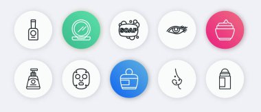 Krem veya losyon kozmetik tüpü, sivilce, kadın gözü, sabun çubuğu, deodorant rulosu ve yüz maskesi ikonu. Vektör