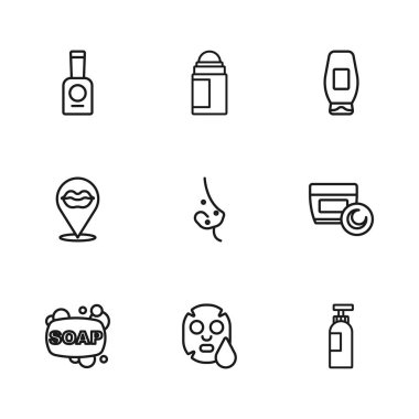 Cilt maskesi, krem veya losyon tüpü, bir şişe şampuan, sivilce, oje, deodorant rulosu ve gülen dudaklar. Vektör