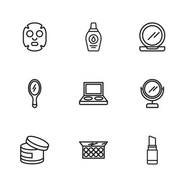 Aynayla, yuvarlak makyajla, rujla, göz farı fırçasıyla, yüz makyajı maskesiyle, şampuan şişesiyle ve el simgesiyle makyaj malzemelerini ayarla. Vektör