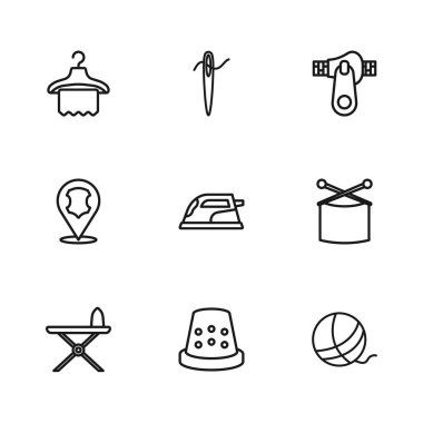 Dikiş için Thimble, örgü iğneleri, iplik topu, elektrikli ütü, fermuar, elbise dolabı, iplikli iğne ve deri ikon. Vektör