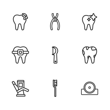 Diş fırçası, kırık diş fırçası, Otolaryngological baş reflektörü, diş ipi, beyazlatma, pense ve diş telleri ikonlu. Vektör