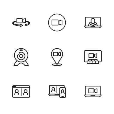 Görüntülü sohbet konferansı, 360 derecelik görüntü ve web kamera simgesi ayarla. Vektör