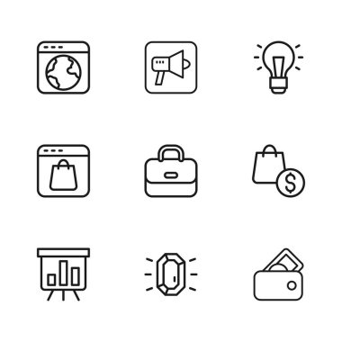 Set hattı Diamond, alışveriş çantası ve dolar, para dolu cüzdan, çanta, ampul, dünya çapında, megafon ve çevrimiçi ekran simgesi. Vektör