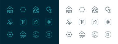 Güneş, dolu bulutu, su damlası, ay aşamaları, Fahrenhayt, asit yağmuru radyoaktif, bulut, şimşek ve ikon. Vektör