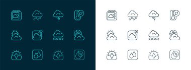 Hat termometresi, su damlası, sis ve bulut, gün doğumu, hava tahmini uygulaması, bulut şimşeği ve dolu ikonu ayarlayın. Vektör