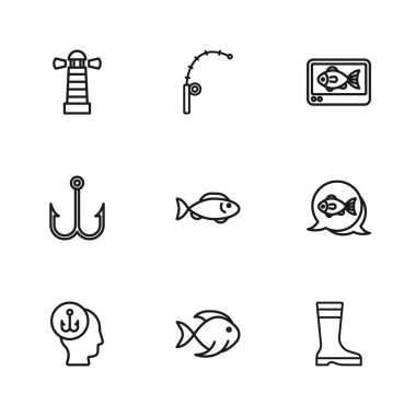 Balık, balıkçı botları, bulucu eko ses cihazı, deniz feneri, olta ve kanca ikonu. Vektör