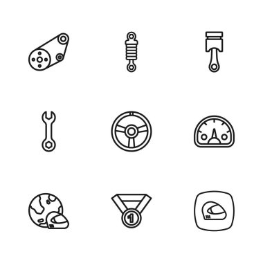Hız göstergesi, hız göstergesi, yarış kaskı, direksiyon simidi, motor pistonu, zaman ayarlı kemer kiti, şok emici ve İngiliz anahtarı simgesi. Vektör
