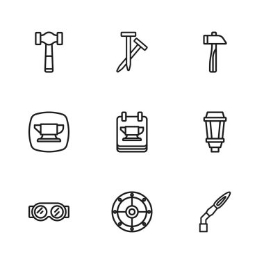 Yuvarlak kalkan, bahçe lambası kaynak makinesi, demirci örs aleti, çekiç, metal çiviler ve ikon. Vektör